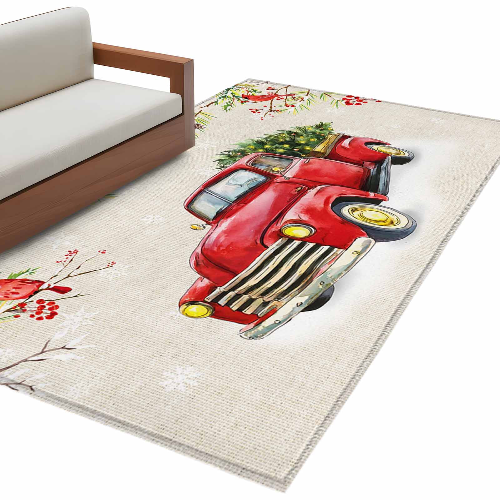 Christmas Area Rug 2.7x5ft Red Truck Winter Snowflakes Cardinal Bird ...