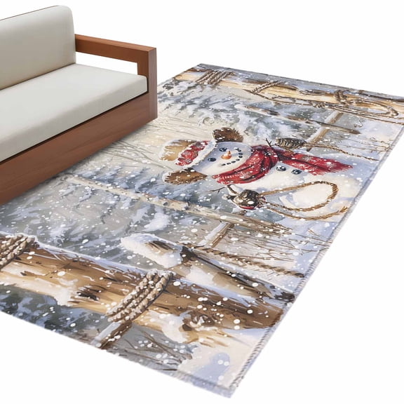 Christmas Area&nbsp;Rug 2.7x5ft Western Cowboy Snowman Christmas Tree Snow Scene Non-Slip&nbsp;Washable Square&nbsp;Rugs Soft Felt Indoor Floor Mat for Bedroom Kitchen Living Room Bathroom