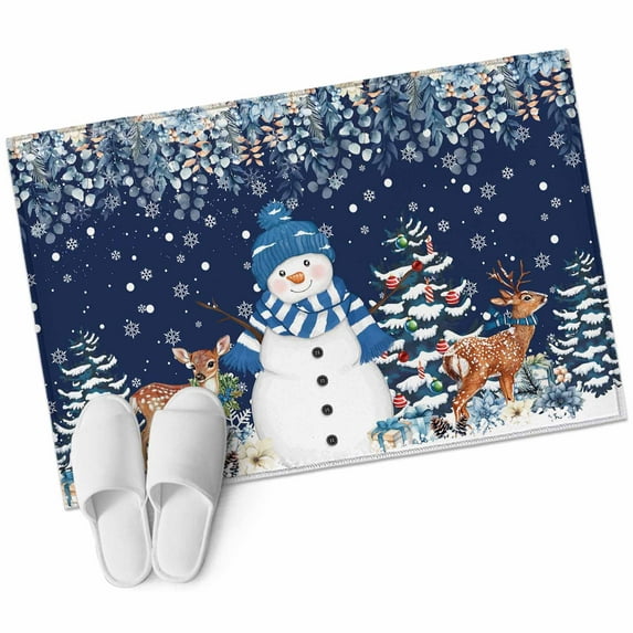 Christmas Area Rug 2x3ft Blue Snowman Elk Floral Eucalyptus Leaf Blue Non-Slip Washable Square Rugs Soft Felt Indoor Floor Mat for Bedroom Kitchen Living Room Bathroom