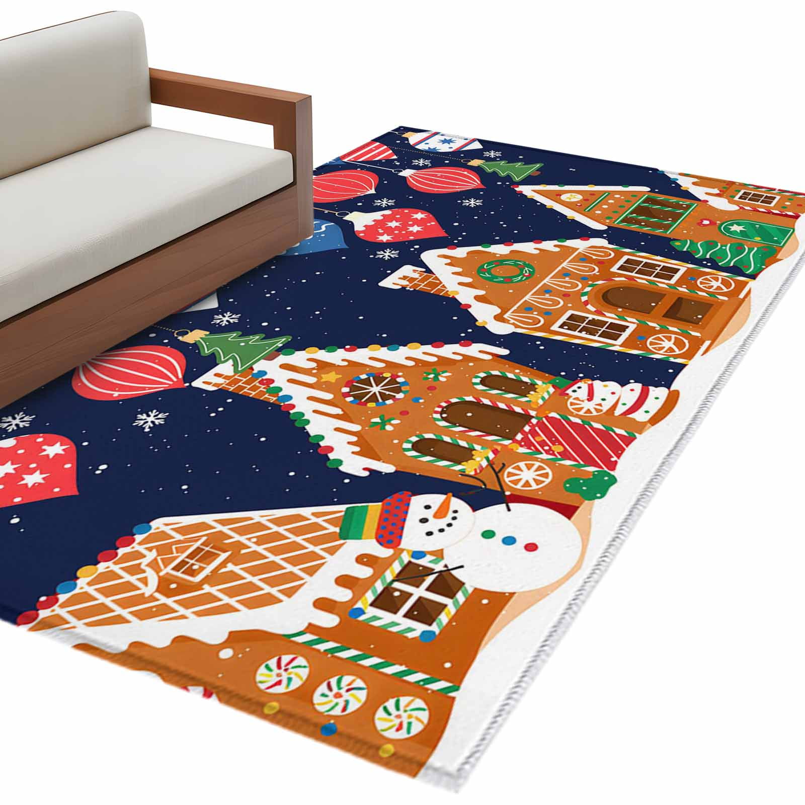 Christmas Area Rug 4x6ft Gingerbread House Candy Blue Backdrop Non-Slip ...
