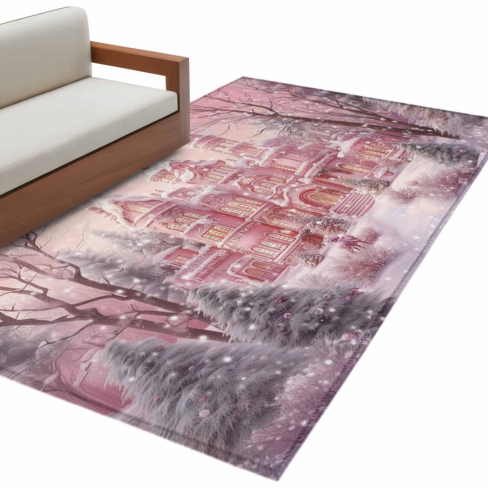 Christmas Area Rug 4x6ft Pink Winter Snow Castle Pine Tree Snowing Non ...