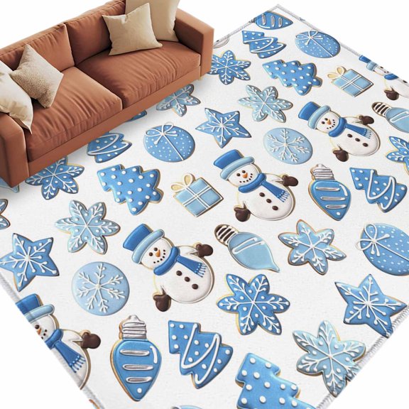 Christmas Area&nbsp;Rug 5x7ft Blue Snowman Gingerbread Xmas Tree Cookies Snow Non-Slip&nbsp;Washable Square&nbsp;Rugs Soft Felt Indoor Floor Mat for Bedroom Kitchen Living Room Bathroom