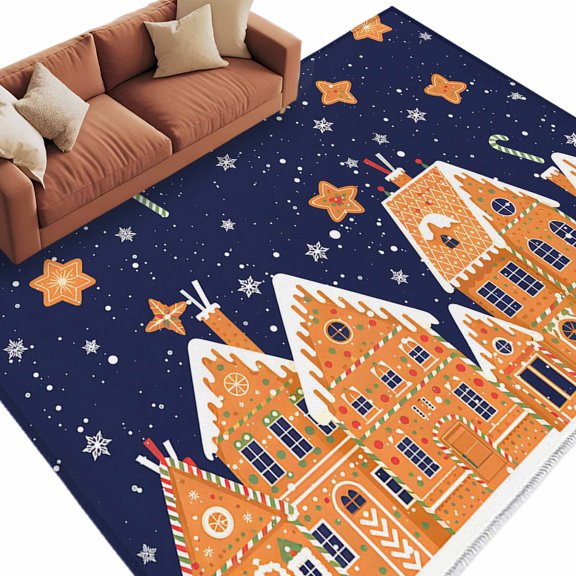 Christmas Area Rug 5x7ft Candy Gingerbread House Snow Blue Backdrop Non-Slip Washable Square Rugs Soft Felt Indoor Floor Mat for Bedroom Kitchen Living Room Bathroom