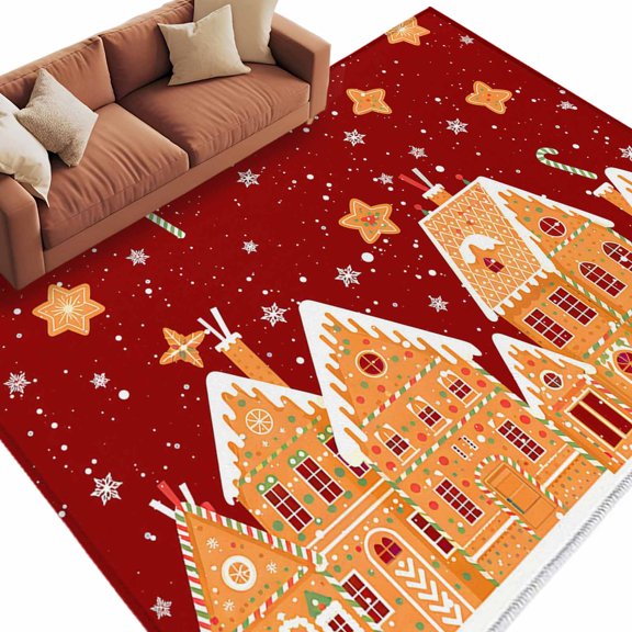 Christmas Area Rug 5x7ft Candy Gingerbread House Snow Red Backdrop Non-Slip Washable Square Rugs Soft Felt Indoor Floor Mat for Bedroom Kitchen Living Room Bathroom