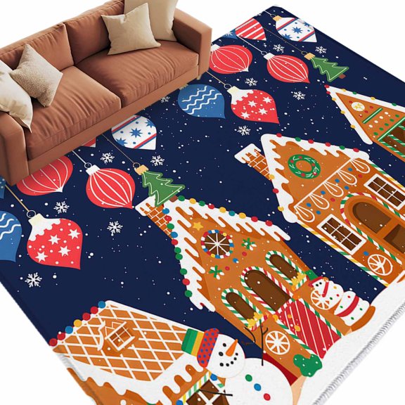 Christmas Area Rug 5x7ft Gingerbread House Candy Blue Backdrop Non-Slip Washable Square Rugs Soft Felt Indoor Floor Mat for Bedroom Kitchen Living Room Bathroom