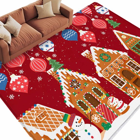 Christmas Area Rug 5x7ft Gingerbread House Candy Red Backdrop Non-Slip Washable Square Rugs Soft Felt Indoor Floor Mat for Bedroom Kitchen Living Room Bathroom