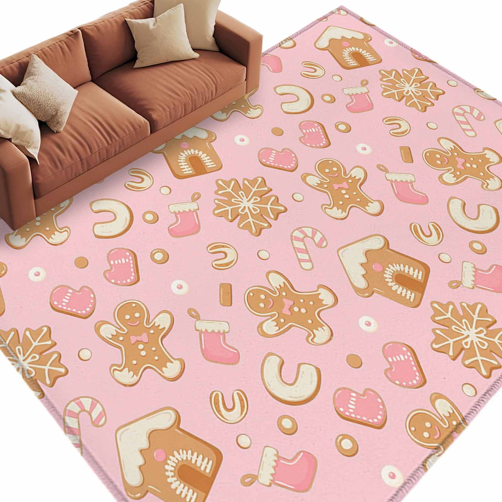 Christmas Area Rug 5x8ft Pink Gingerbread Man Cookie House Candy Cane ...
