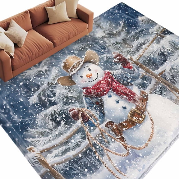 Christmas Area&nbsp;Rug 5x8ft Western Cowboy Snowman Xmas Tree Blue Snow Scene Non-Slip&nbsp;Washable Square&nbsp;Rugs Soft Felt Indoor Floor Mat for Bedroom Kitchen Living Room Bathroom