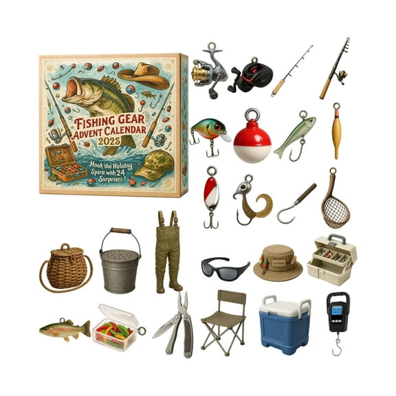 Christmas Arrival Calendar with 24 Acrylic Pieces, Spend Happy Christmas Countdown Together, 3D Aircraft Box with 24PC Fishing Gear Advent Calendar Blind Box Double-Sided Printing