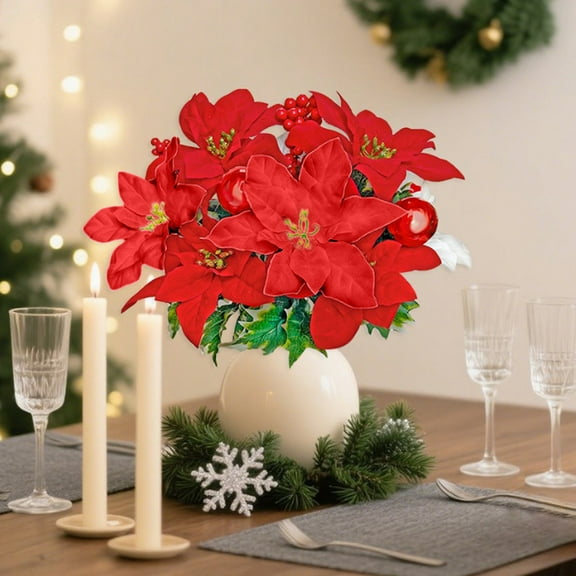 Christmas Artificial Flower Bouquet with 7 Forks Red Flannel Poinsettia Flowers, Faux Silk Greenery Stems, Holiday Table Centerpiece, Wedding Home Party Floral Arrangement Decoration