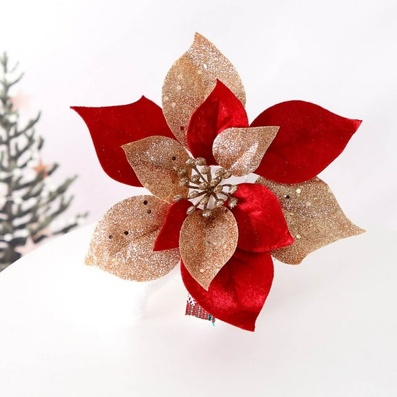 Christmas Artificial Flowers, 8" Gold Christmas Flowers Ornaments Indoor, Exquisite Christmas Tree Decorations Fake Flowers, Artificial Christmas Flowers for Xmas Tree