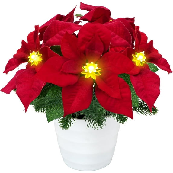 Christmas Artificial Flowers LED Lighted Poinsettias Pine Neddle Potted Christmas Decorations Indoor Home Xmas Table Centerpieces Winter Holiday Inch