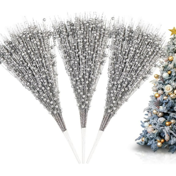 Christmas Artificial Glitter Berry Stem Decorations 12 Pack Decorative Bead Sticks Christmas Picks Glittery Twigs Branches for Christmas Tree Wreath Gift Vase Home Decor Party Ornaments (Silver)
