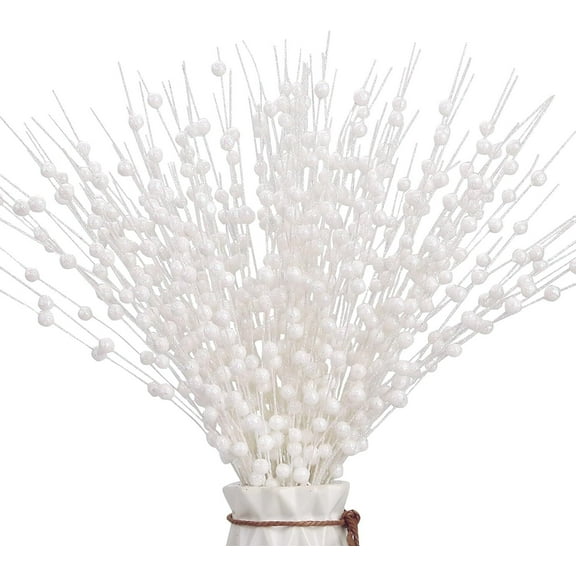 Christmas Artificial Glitter Berry Stem Decorations Decorative Bead Sticks Xmas Picks Glittery Twigs Branches for Christmas Tree Wreath Gift Vase Home Decor Party Ornaments White 10 PCS