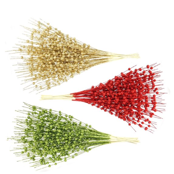 Christmas Artificial Glitter Berry Stem Decorations, Decorative Bead Sticks Xmas Picks Glittery Twigs Branches for Christmas Tree Wreath Gift Vase Party Ornaments Gold Red Green Mixed 30 PCS