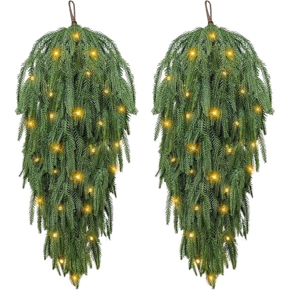 Christmas Artificial Green Plant Upside-down Tree Home Holiday Party Decoration Wall Hanging, 2pcs 80cm with Lights and Norfolk Pine