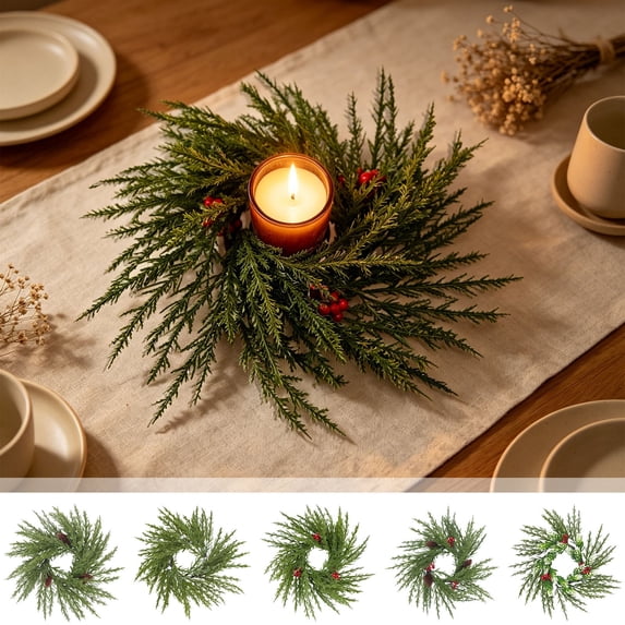 Christmas Artificial Greenery Candle Ring Wreath, 10.23in Plastic Multiple Styles Faux Cedar Pine Candle Centerpiece for Xmas Wedding Party Dining Table Indoor Holiday Decor