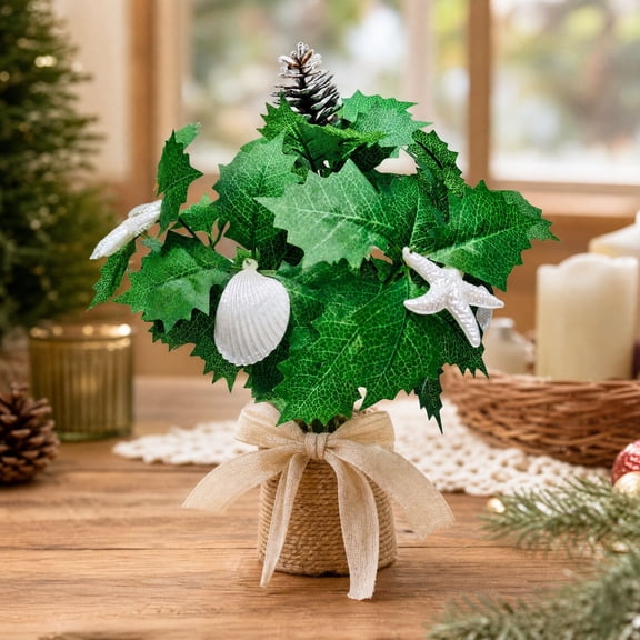 Christmas Artificial Holly Leaf Bouquet, Mini Faux Holly with Stars and Seashells, Festival Home Decor, 11.81 in, Indoor Tabletop Display