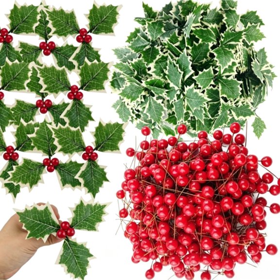 Christmas Artificial Holly Leaves Red Berry Faux Holly Berries for Christmas Decoration (350 Pieces)