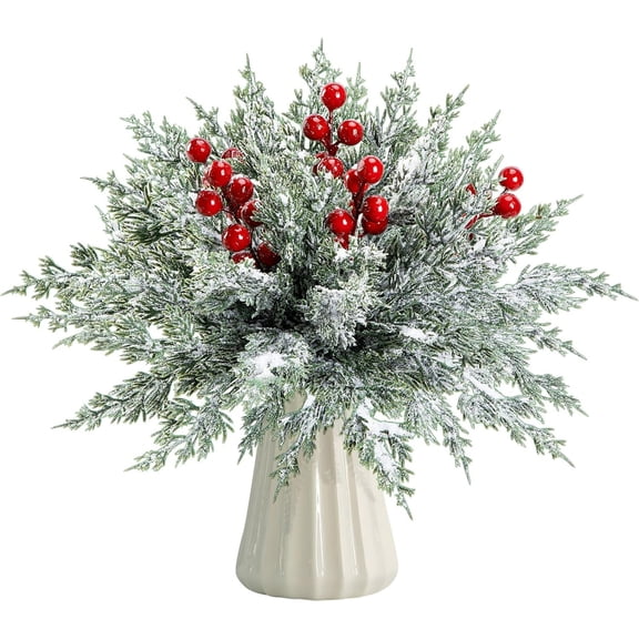 Christmas Artificial Pine Branches - 45 Pcs Faux Evergreen Norfolk Pine and Cypress Leaves with Red Berry Stems, 10.5" Fake Foliage Picks for DIY Craft Garland and Home Decor