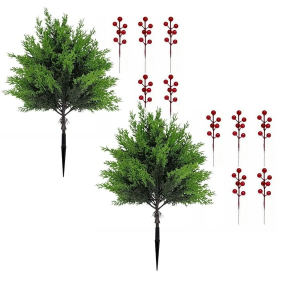 Christmas Artificial Pine Branches With Cranberry Stems/ Christmas Artificial Branches With Red Berry Stems Leaves Stems Needles Picks For DIY Craft Garland Home Decoration