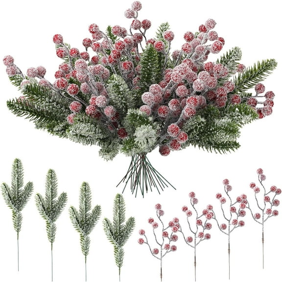 Christmas Artificial Pine Branches Holly Red Berry Stems Fake Greenery Pine Needles Evergreen Picks Christmas Tree Filler for DIY Wreath Garland Xmas Decoration Craft