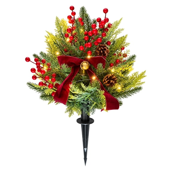 Christmas Artificial Pine Needle Garden Stake, 24 Inch Greenery Cedar Ground Stake with Cedar and Red Berries, Outdoor Landscaping Yard Decor with Bow, Xmas Decorations for Lawn Porch Patio