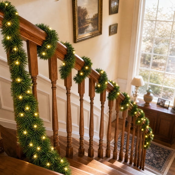 Christmas Artificial Pine Tinsel Garland Lights 196.85 Inch Christmas LED String Lights for Stair Railing Fireplace Mantel Door Frame Window Holiday Indoor Home Party Decorations