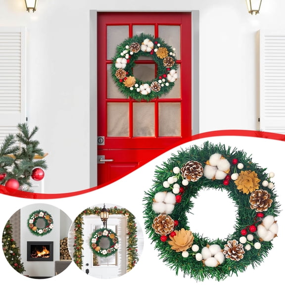 Christmas Artificial Pinecone Garland, Pre-Decorated PVC Wreath for Mantel Staircase Banister Door Wall Holiday Decor