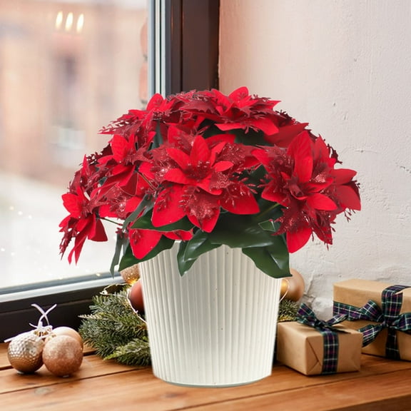 Christmas Artificial Poinsettia Flower Bouquet β 7-Head Silk Poinsettia, Flannel Simulation Christmas Flowers, Greenery for Holiday Decorations, Table, Home, Party
