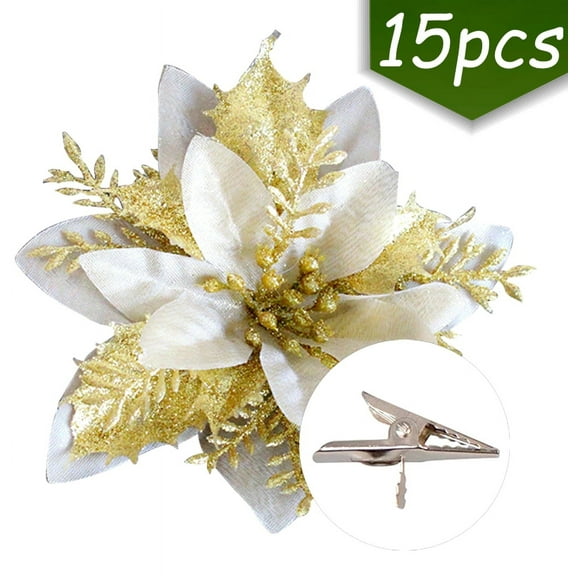 Christmas Artificial Poinsettia Flowers Decorations Large Size 5.9" Glitter Xmas Tree Ornaments Party Supplies with Clips 15 Pcs Gold