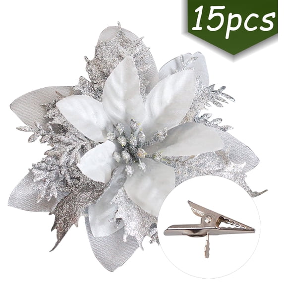 Christmas Artificial Poinsettia Flowers Decorations Large Size 5.9" Glitter Xmas Tree Ornaments Party Supplies with Clips 15 Pcs Silver