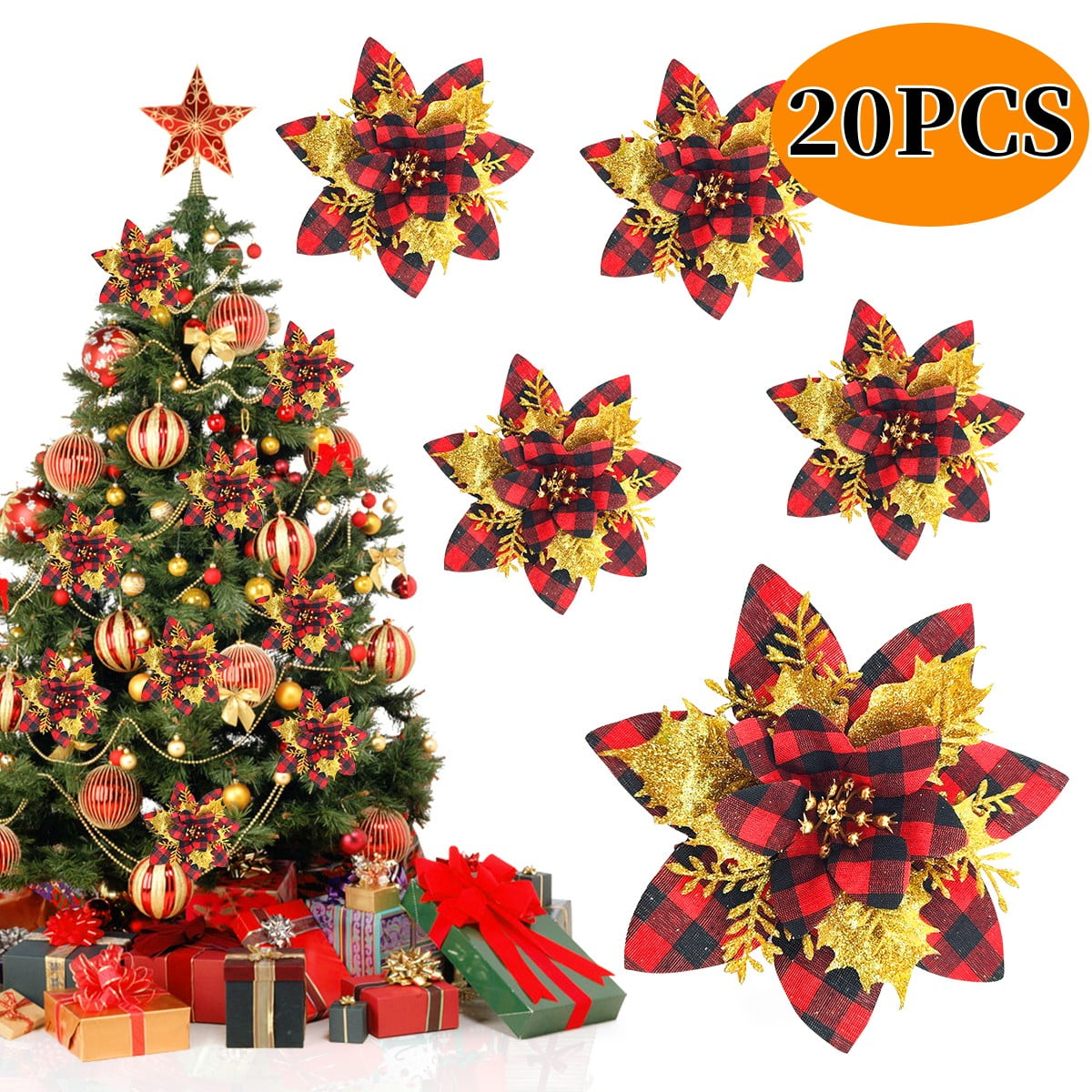 Christmas Artificial Poinsettia Flowers Decorations Xmas Tree Ornaments
