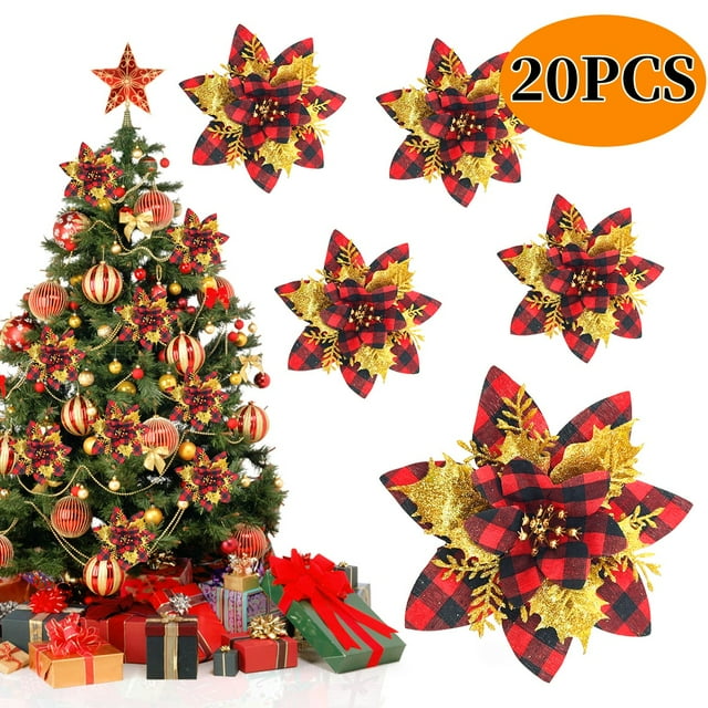Christmas Artificial Poinsettia Flowers Decorations Xmas Tree Ornaments