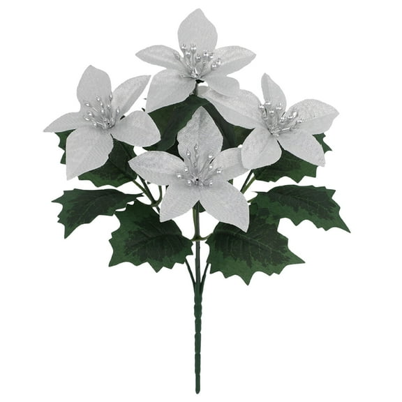 Christmas Artificial Poinsettia Flowers Velvet Plastic Floral Bouquet Small 4 Head Silk Gold Sliver Shrub Fake Flowers Arrangement for Winter Indoor Outdoor Home Porch Xmas Holiday Decor