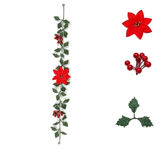 Christmas Artificial Poinsettia Garland, Holly Leaf Vine with Red Berries for Staircase Mantel Fireplace Indoor Holiday Xmas Decoration