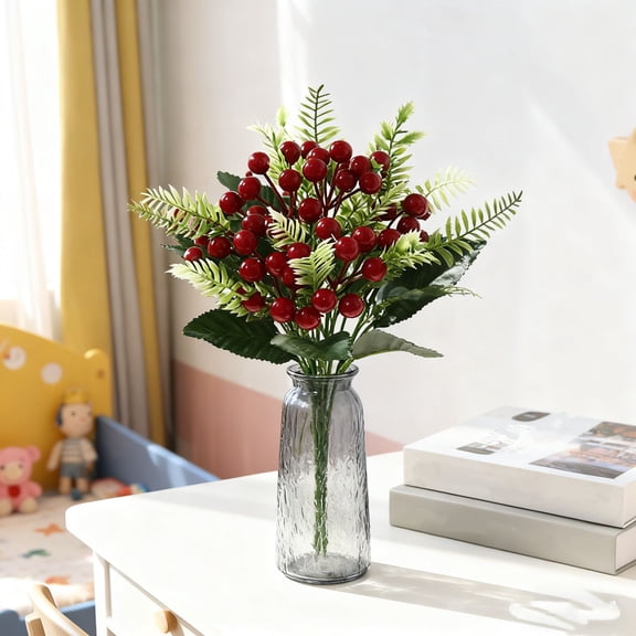 Christmas Artificial Red Berry Branches Fake Fruit Berries Decorative Flowers Holiday Garland Home Table Centerpiece Wreath Making Supplies Indoor Outdoor Festive Decor