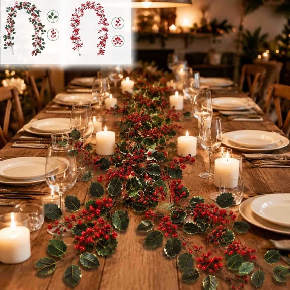 Christmas Artificial Red Berry Vines Garland, Faux Greenery Hanging Decor, Festive Wreath Supply for Home Decor, Party, Christmas & Holiday Display