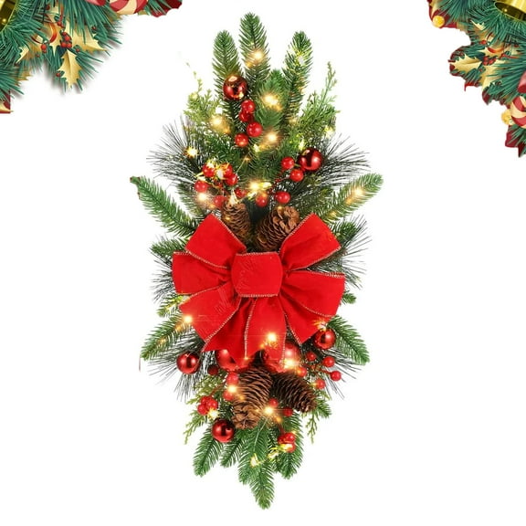 Christmas Artificial Swags 24" Xmas The Cordless Prelit Stairway Swag Teardrop Trim Wreath Door Stair Swag Garland Christmas Swags for Outdoor Home Garden Decor(Berry)