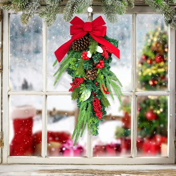 Christmas Artificial Teardrop Swag - Upside Down Tree Shape Swag With Bowknot Red Berries and Pine Cones, Artificial Pine Swag for Winter Door Wall Fireplace Table