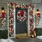 Christmas Artificial Wreath Flocking Snow Covered Rattan Upside Down Tree Red Bowknot Ribbon Scene Layout Shiny Balls Xmas Door Decor Hanging Garland Pendant for Party