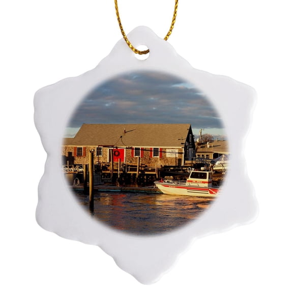 3drose, Christmas at Marina, Barnstable Harbor, Cape Cod, Massachusetts, 3 inch Snowflake Porcelain Ornament