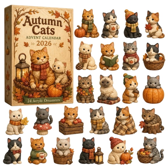 Christmas Autumn Cat Advent Calendar 2026, 24Pcs 2D Acrylic Ornaments Collection, Christmas Countdown Calendar with Daily Surprise, Holiday Gift for AutumnCatWoodcutB Ls