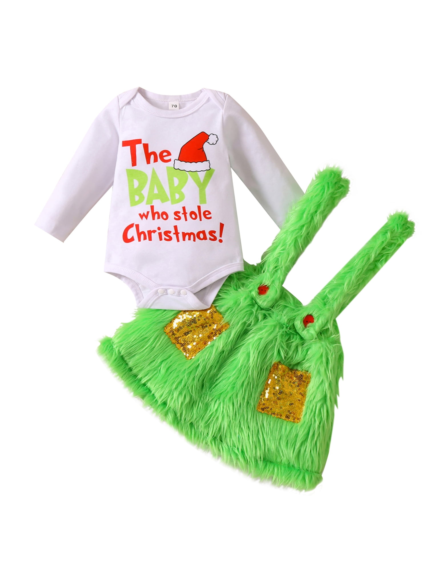 Christmas Baby Outfit - The Baby Who Stole Christmas Romper With Furry Suspenders