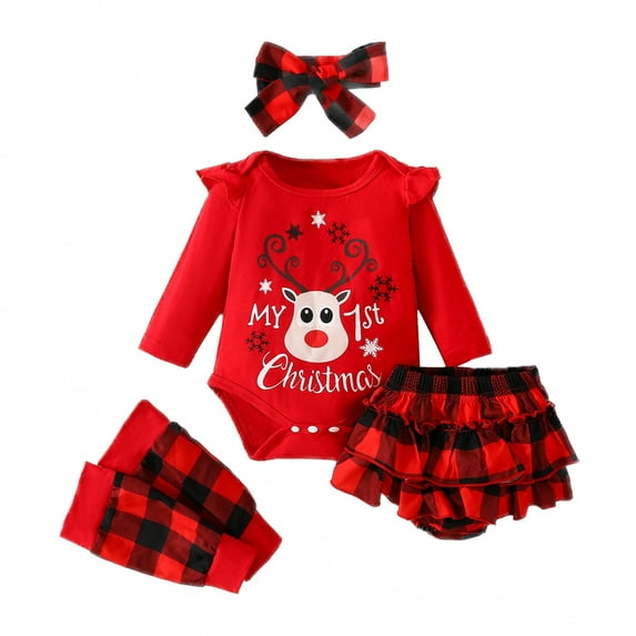 Christmas Baby Girl 4-piece Long-Sleeved Romper + Plaid Short Skirt + Trouser Cover + Headscarf