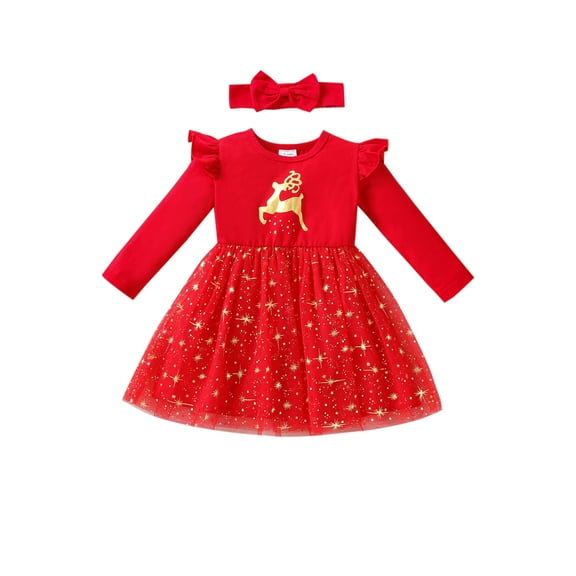 Christmas Baby Girl Dress Headband Set 3M 6M 9M 12M 18M 3Y 2pcs Elk Star Print Round Neck Long Sleeve Tutu Dress Headwear Xmas Toddler Infant