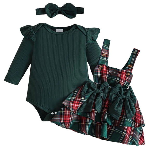 Christmas Baby Girls Clothes Sets Toddler 3 Piece Baby Ruffle Long Sleeve Romper and Suspender Dress Sets with Headband Overall Dress Outfits 6-9 Months