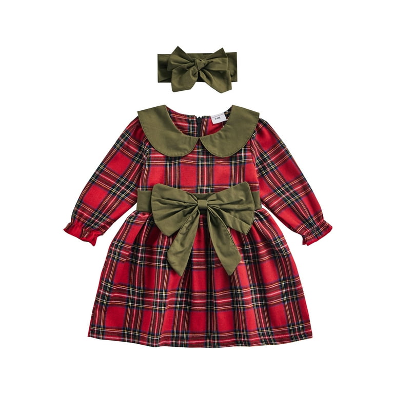 Christmas Baby Girls Dress 2pcs Plaid Printed Peter Pan Collar Big
