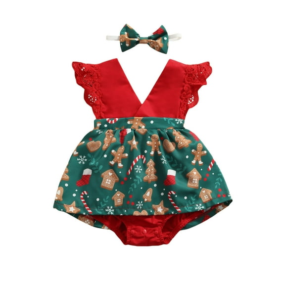 Christmas Baby Girls Princess Romper, 3 6 9 12 18M Santa House Plaid Snowflake Print Fly Sleeve Crotch Buttons Dress-Shaped Jumpsuit
