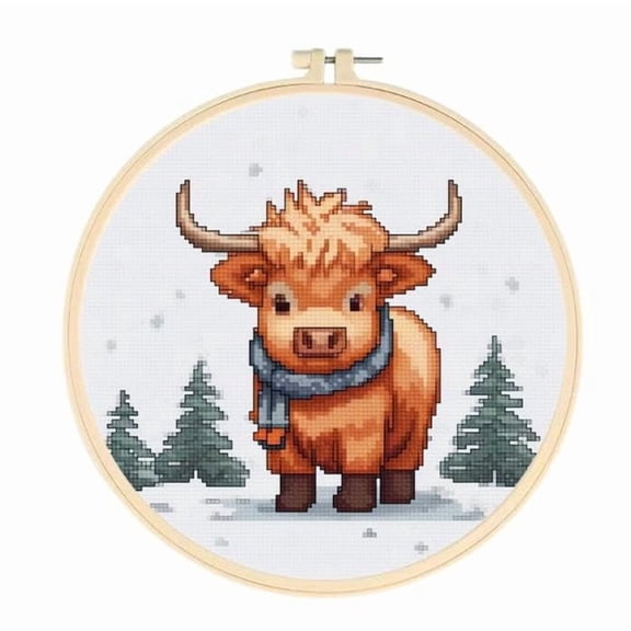 Christmas Baby Highland Cow Easy Cross Stitch Kits for Starter Kits DIY 11CT Pre-printed Stamped Patterns Embroidery Cross Stitching Needlework Kit Set Supplies with Hoop 35x35cm (a10)